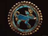 One of a Pair of Matching Turquoise Inlaid Gold Ear Ornaments from the Warrior-Priests Tomb