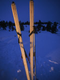 Cross-Country Skis Standing Upright at a Snow Camp at Dusk  Tahoe National Forest  California