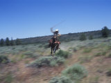Cowgirl Riding with Lasso in Sage Brush Country  Oregon  USA
