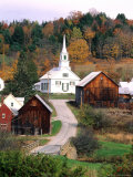 Fall Colors in Small Town with Church and Barns  Waits River  Vermont  USA
