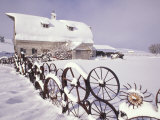 White Barn and Wheel Fence in Snow  Uniontown  Washington  USA