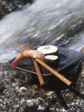 Elegant Sushi and Chopsticks Beside Rushing Water