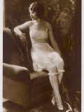 Lady Sits Negligently in Her Undies  Bra French Drawers or Knickers and Stockings