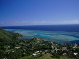 Aerial View of Moorea Showing Village and Reefs