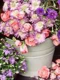 Summer Flowers in Bucket  Rosa  Scabiosa  Centaurea  Campanula