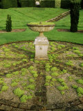 Circular Brick and Gravel Flooring and Urn/ Birdbath on Plinth Planted with Sedum (Stonecrop)