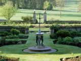 View Across Statue  Sundial and Ornate Gates of Formal Garden  Abbotswood  Gloucestershire