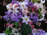 Daffodil  Tulip  Bluebells  and Bleeding Heart in Glass Vase