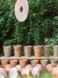 Empty Terracotta Pots Lined Up  Suspended Clay Disc Ornament  Chelsea Flower Show 1997