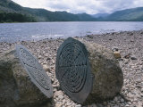 Carved Stone Near National Trust Plaque in Calfclose Bay  Derwent Water  Cumbria  UK