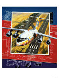 Unidentified Aircraft Taking Off from Runway over a Blueprint Design