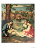 Youth with a Guitar and Two Girls Sitting on a River Bank