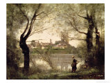 View of the Town and Cathedral of Mantes Through the Trees  Evening