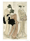 Young Woman Wearing a Wide Straw Hat  Companion Carrying a Furoshiki  Fuzoku Azuma No Nishiki
