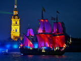 The Shtandart Frigate with Scarlet Sails Floats on the Neva River