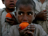 Refugee Boys Eat Tangerines at a Small Refugee Camp