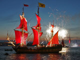The Shtandart Frigate with Scarlet Sails Floats on the Neva River