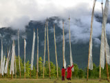 Monks with Praying Flags  Phobjikha Valley  Gangtey Village  Bhutan