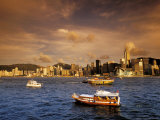 Boats in Victoria Harbor at Sunset  Hong Kong  China