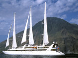 Ship and Stromboli Volcano  Le Ponant  Aeolian Islands  Sicily  Italy