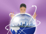A Woman Looking at an Illuminated Cityscape in a Bubble
