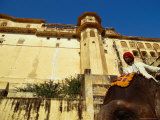Man on Elephant Below Fort  Amber  Rajasthan  India