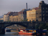 Buildings Alongside and Bridge Over Vltava River  Prague  Czech Republic