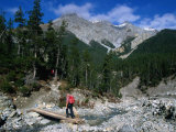 Hiker Crossing Wooden Bridge Over Stream in Val Chavagl  Piz Dal Fuorn  Switzerland