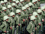 Soldiers in Uniform  and Wearing Helmets  Standing in Formation During Military Parade  Cuzco  Peru