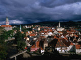 Krumlov Castle Tower (Left) and the Old Town  Cesky Krumlov  South Bohemia  Czech Republic
