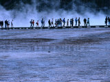 Hikers Walking along a Boardwalk at Midway Geyser Basin  Yellowstone National Park  USA