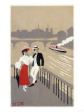 La Cite Art Deco Scene of Couple Watching Riverboat - Paris  France