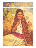 Mexico: Young Girl and Cactus   Poster Style