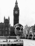 Alice Cooper American Rock Singer with Balloon Sailing Past Big Ben and Houses of Parliament 1975
