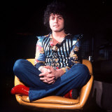 Marc Bolan Singer Leader of Pop Group T Rex Sitting Cross Legged in Chair Msi