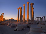 Part of Illuminated Colonnade Ruin with Qala't Ibn Maan on the Hilltop Behind