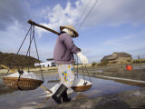 Woman Harvesting Salt in Salt Fields or Pans