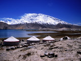 Yurts Beside Kara Kul Lake with Snow-Capped Muztagh Ata Mountain in Background