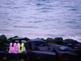 Young Women on Rocks at City Beach on Bay of Bengal
