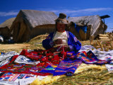Traditionally Dressed Woman Knitting on Isla Flotantes