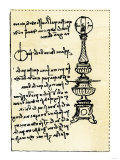 Leonardo Da Vinci's Backward Handwriting on His Design for a Lamp Using a Globe Filled with Water
