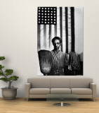 Ella Watson Standing with Broom and Mop in Front of American Flag  Part of Depression Era Survey