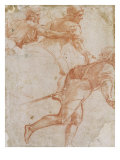 Soldier Running to the Right and Two Mounted Horsemen Their Arms Outstretched