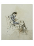 Gentleman Seated in Armchair Reading Book and Smoking Pipe  19th Century