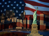 Skyline View with the Statue of Liberty Landmark and American Flag Background in New York City