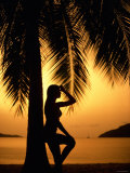 Silhouette of Woman Leaning Against Palm Tree Trunk at Sunset Along Beach