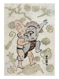 Sumo Match between Daikoku and Fukurokuju  Japanese Wood-Cut Print