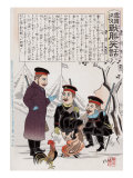 Russian Soldiers and a Rooster around a Campfire  Japanese Wood-Cut Print