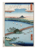 Long Bridge and Boats on a River  Japanese Wood-Cut Print