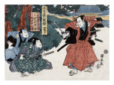 Act Four: Three Actors  One Brandishing a Sword  Japanese Wood-Cut Print